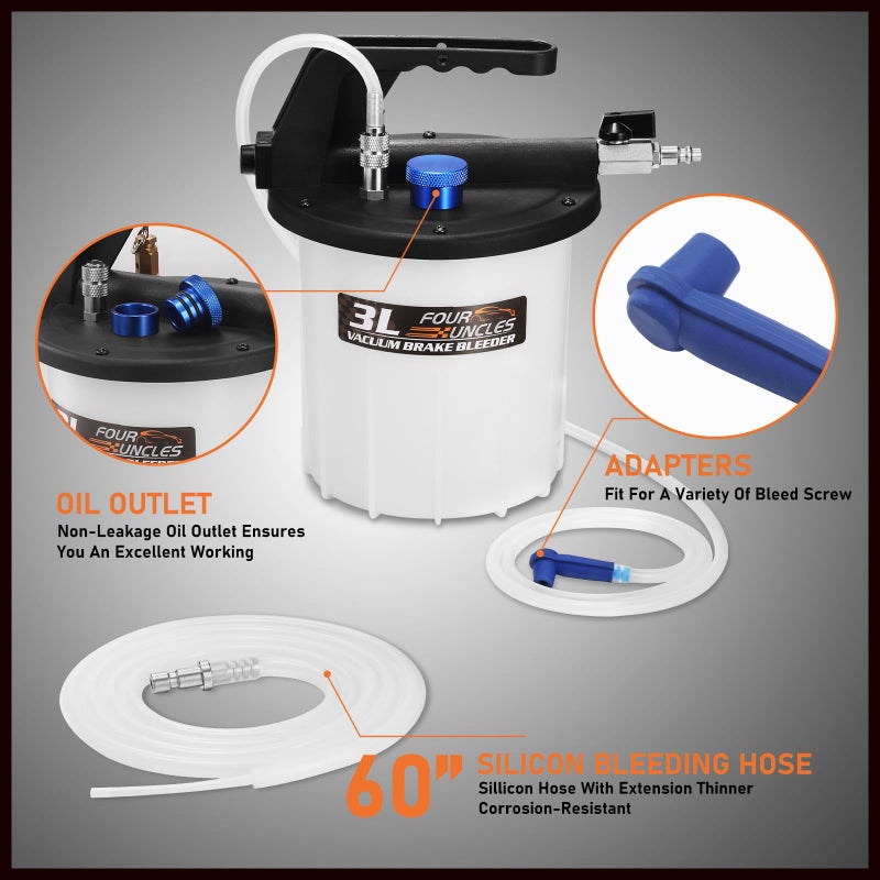 FOUR UNCLES 3L Brake Bleeder Vacuum Pump Kit - Pneumatic Brake Fluid Extractor with 1L Refilling Bottle & Adapters for Automotive Bleeding  One-Person Operation - Image 2